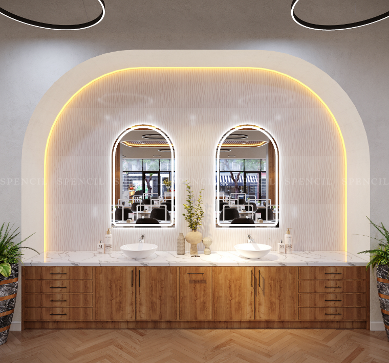Warm salon vanity and mirrors